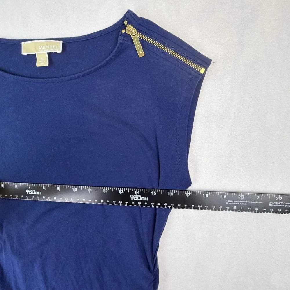 Michael Kors Shirt Womens Medium Navy Gold Shoulder Zipper Rouched Sleeveless
